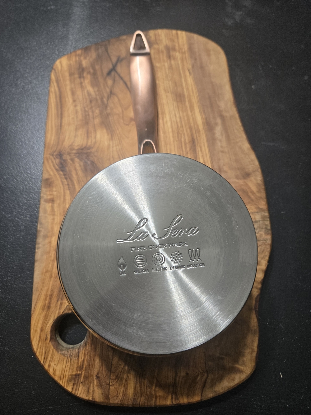 La Sera Stainless Steel 1.25QT Saucepan with Lid Copper Handle Induction Ready